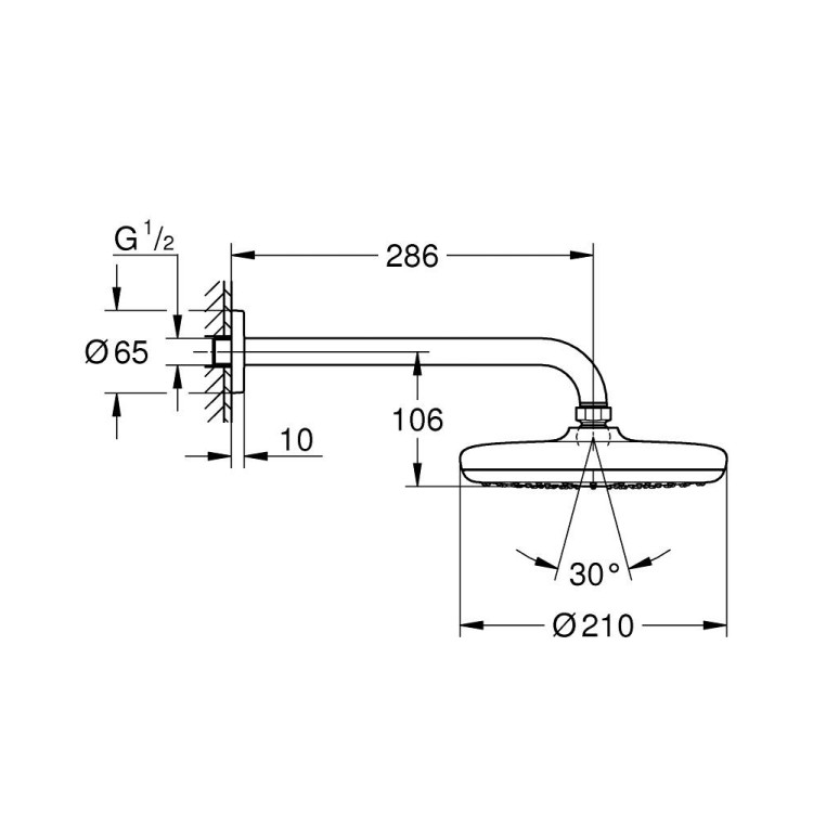 Dušas galva Grohe  ar turētāju Tempesta 210 I, L=286 mm, no sienas, 9,5 l/min, hroms