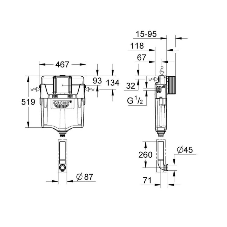 Бачок унитаза Grohe скрытого монтажа GD2, 467x118 мм, h= 780 мм