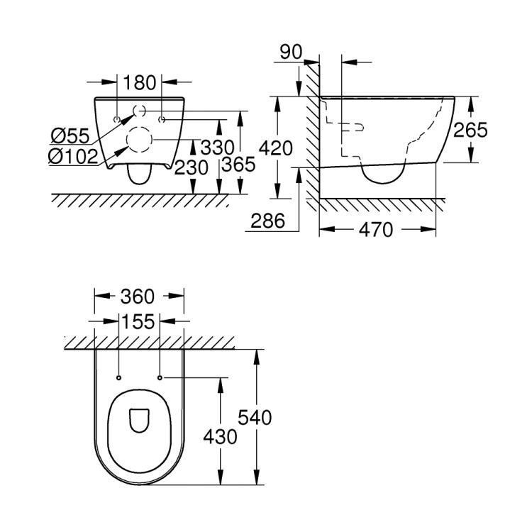 Piekaramais tualetes pods Grohe Essence Rimless, stiprināms pie sienas, 360x540 mm, balts PG