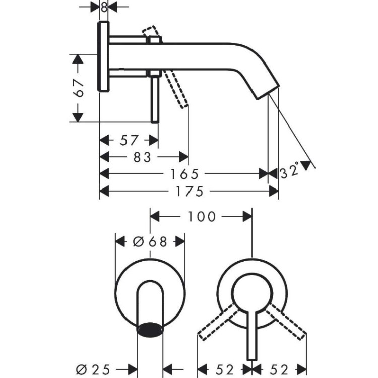 Izlietnes maisītājs Hansgrohe Tecturis S virsapmetuma daļa, 2 caurumu, no sienas, iztece 165 mm, Brushed Bronze