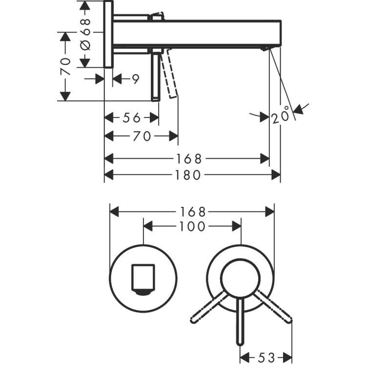 Izlietnes maisītājs Hansgrohe Finoris virsapmetuma daļa, 2 caurumu, no sienas, iztece 165 mm, hroms