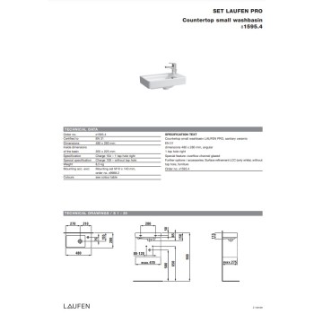 Vannas istabas izlietne Laufen Pro S, 480x280 mm, maisītāja caurums labajā pusē, balta