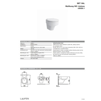 Tualetes pods Laufen Val Rimless, stiprināms pie sienas, 390x530 mm, balts