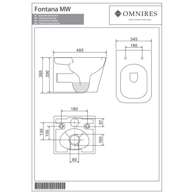 Piekaramais tualetes pods Omnires FONTANA rimless ar Soft Close vāku, balts spīdīgs