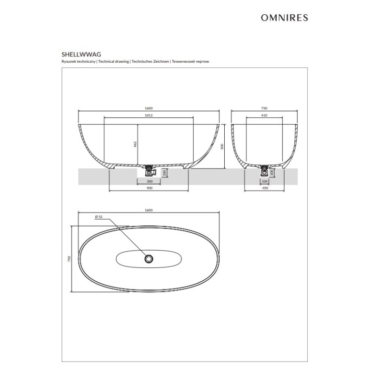 Ванна Omnires SHELL M+ 160 x 75 см ash grey (AG)