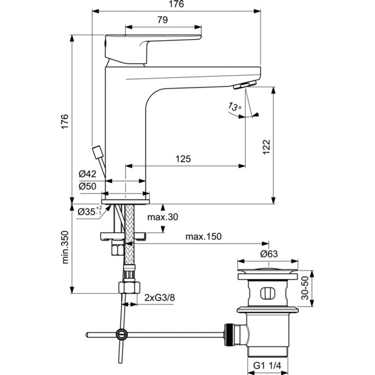 Смеситель для раковины для ванной комнаты Ideal Standard CERAFINE O H120 со сливом для раковины