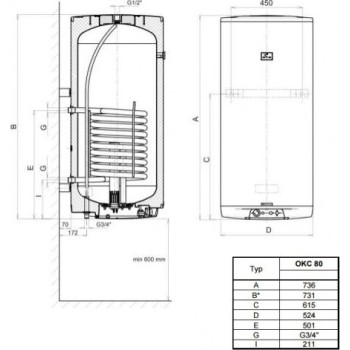 Kombinētais ūdens sildītājs (Boilers) Dražice OKC-80L 2kW 7kW vertikāls