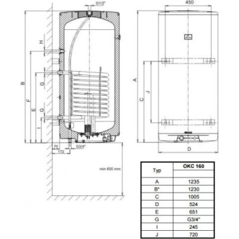 Kombinētais ūdens sildītājs (Boilers) Dražice OKC-160L 2kW 9kW vertikāls