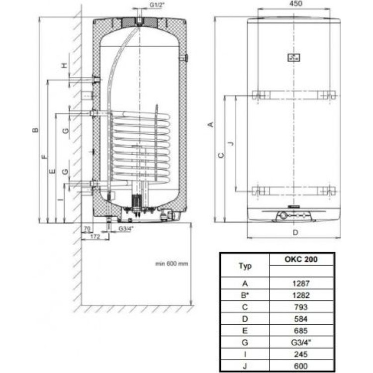 Kombinētais ūdens sildītājs (Boilers) Dražice OKC-200L 2,2kW 9kW vertikāls