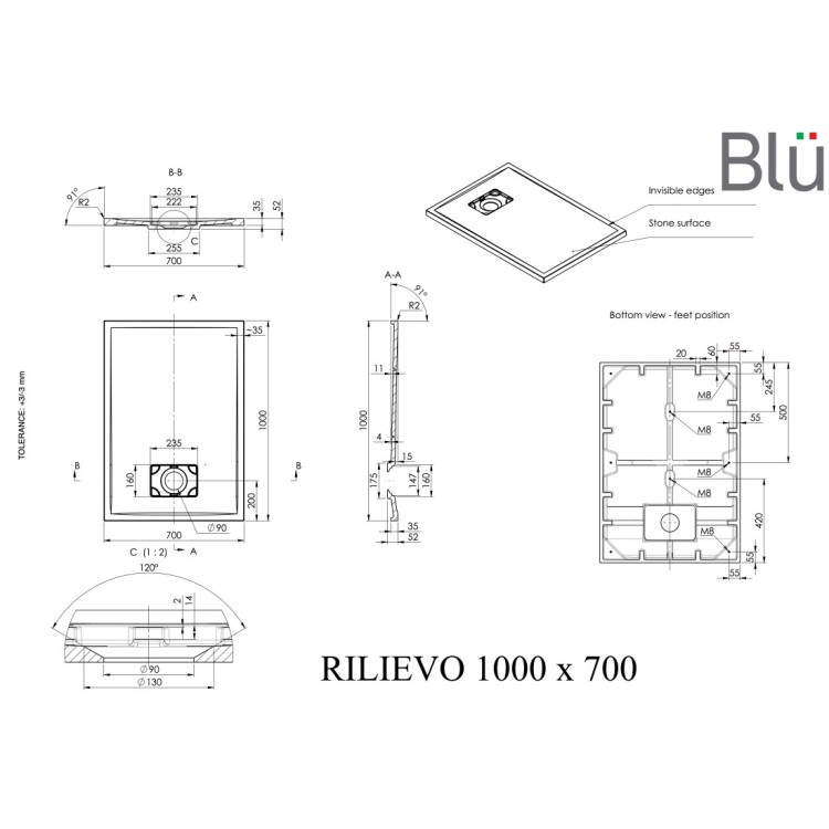 Dušas paliktnis BLU Rilievo Rect 100x70cm