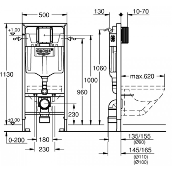 Montāžas rāmis komplekts Grohe, podam 3-1, taustiņš Skate Cosmo S hroms 37535000, stiprinājumi, 500x130 mm, h=1130