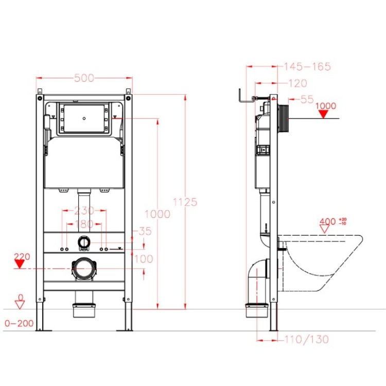 Iebūvējamais Tualetes Poda Rāmis podam Vento H507A 500X165mm, h=1125 mm