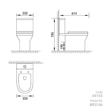 Tualetes Pods Vento Bergen MFZ-56 Rimfree ar horizonālo izvādu, 3/6l, ar duroplast Soft Close vāku, ūdens padeve no apakšas