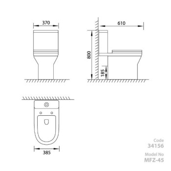 Tualetes Pods Vento Norberg MFZ-45 Rimfree ar horizonālo izvādu, 3/6l, ar duroplast Soft Close vāku, ūdens padeve no apakšas