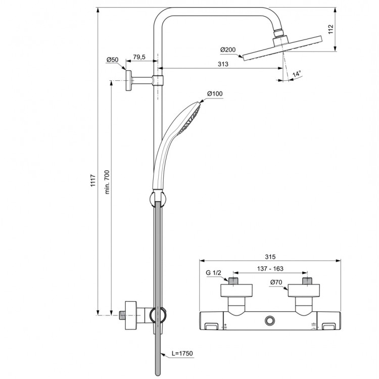 Ideal Standard Ceratherm T25 dušas sistēma, melna matēta A7545XG