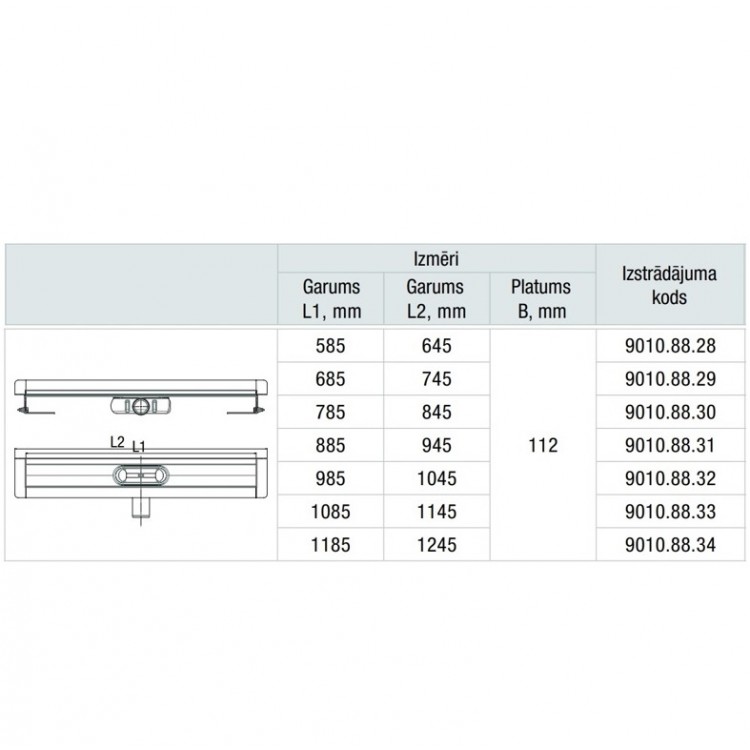 ACO ShowerDrain C Dušas kanāls 1085mm, h-65mm, 9010.88.33