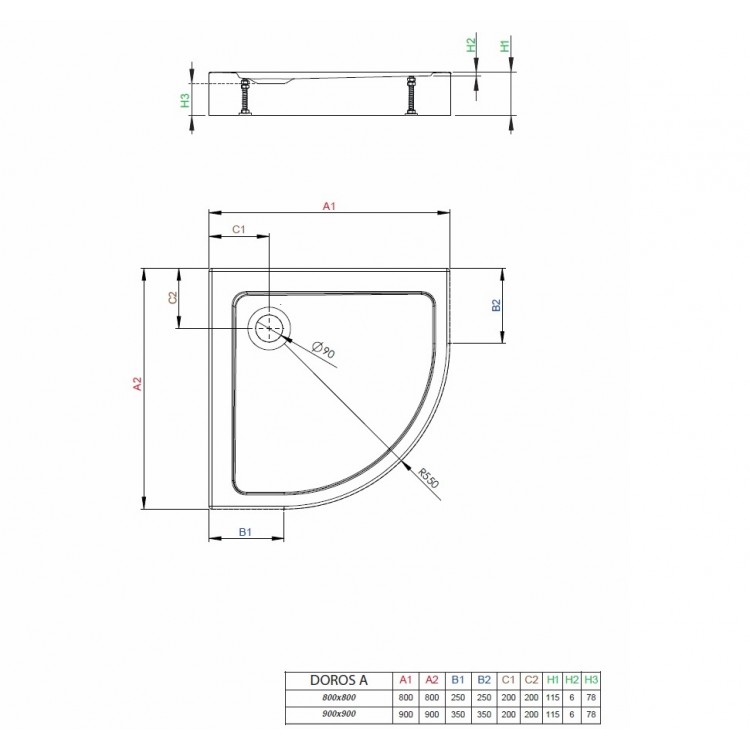 Radaway Dušas paliktnis pusapaļš Doros A Compact 90x90, balts