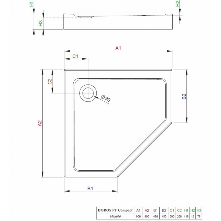 Radaway Dušas paliktnis Doros PT Compact 90x90, balts