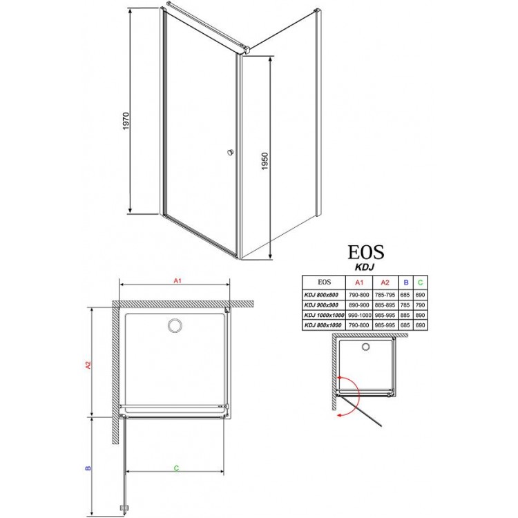 Radaway Dušas stūris taisnstūra Eos KDJ 80x100