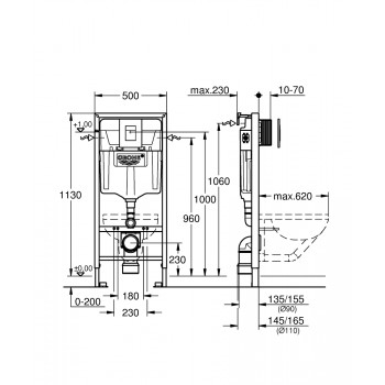 Montāžas rāmis komplekts Grohe, podam 3-1, taustiņš Skate Cosmo hroms 38732000, stiprinājumi, 500x230 mm, h=1130 m