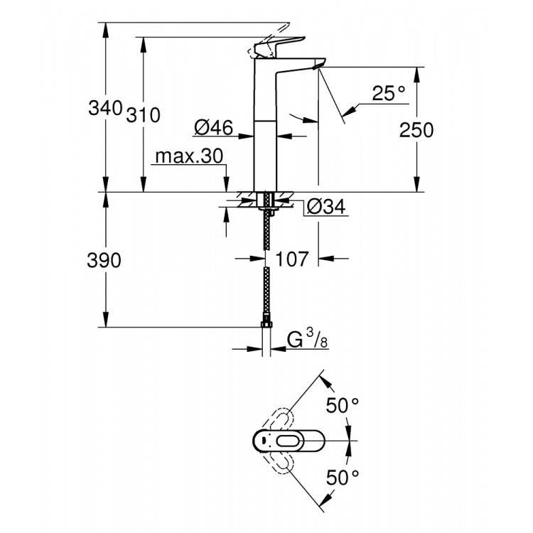 Grohe BauLoop Paaugstināts izlietnes jaucējkrāns, 23764000