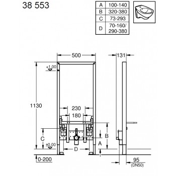 Montāžas rāmis Grohe bidē Rapid SL, 500x131 mm, h=1185 mm