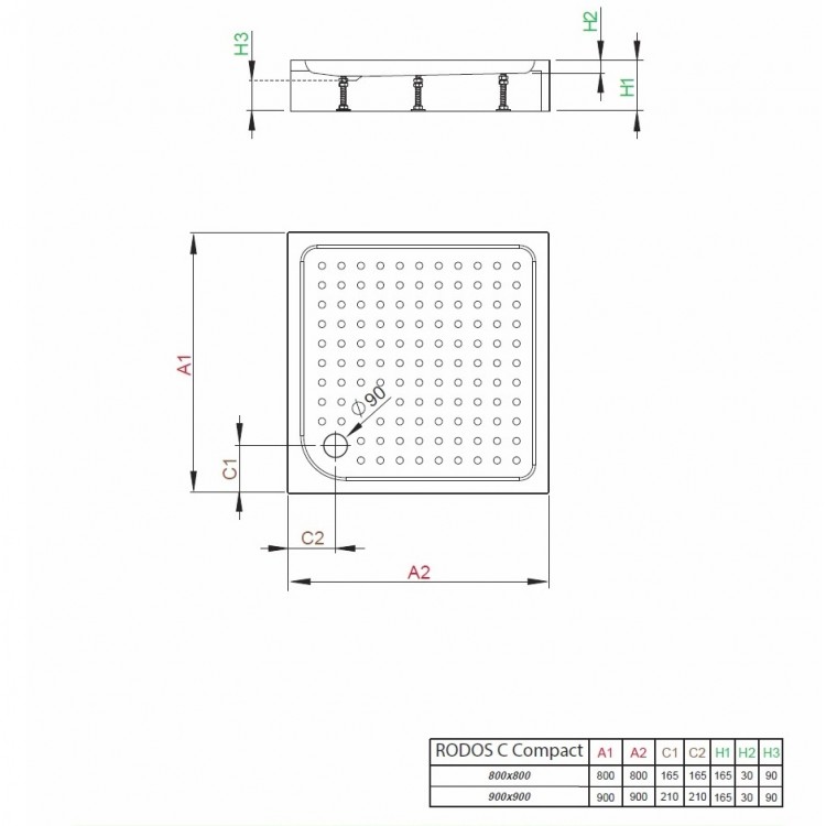 Radaway Kvadrātveida dušas paliktnis RODOS C Compact 90x90