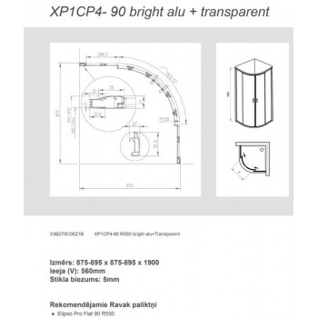 RAVAK Pusapaļa dušas kabīne XP1CP4 90cm, stikls