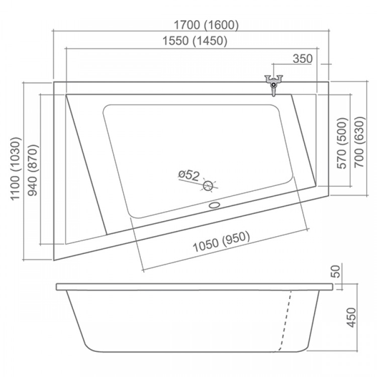 Roltechnik Vanna KUBIC ASYMMETRIC 160x103 cm