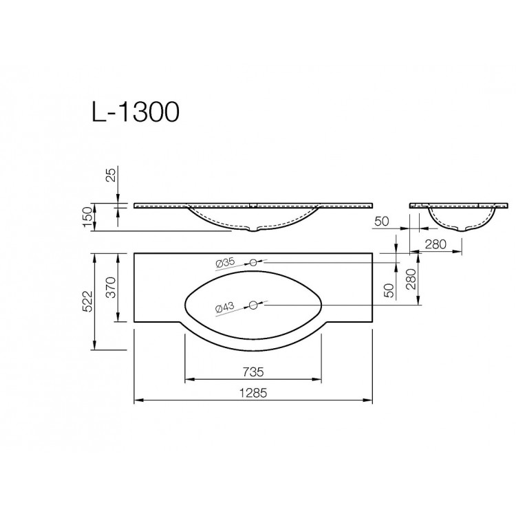 Vispool Раковина L-1300 130x52 см, белая